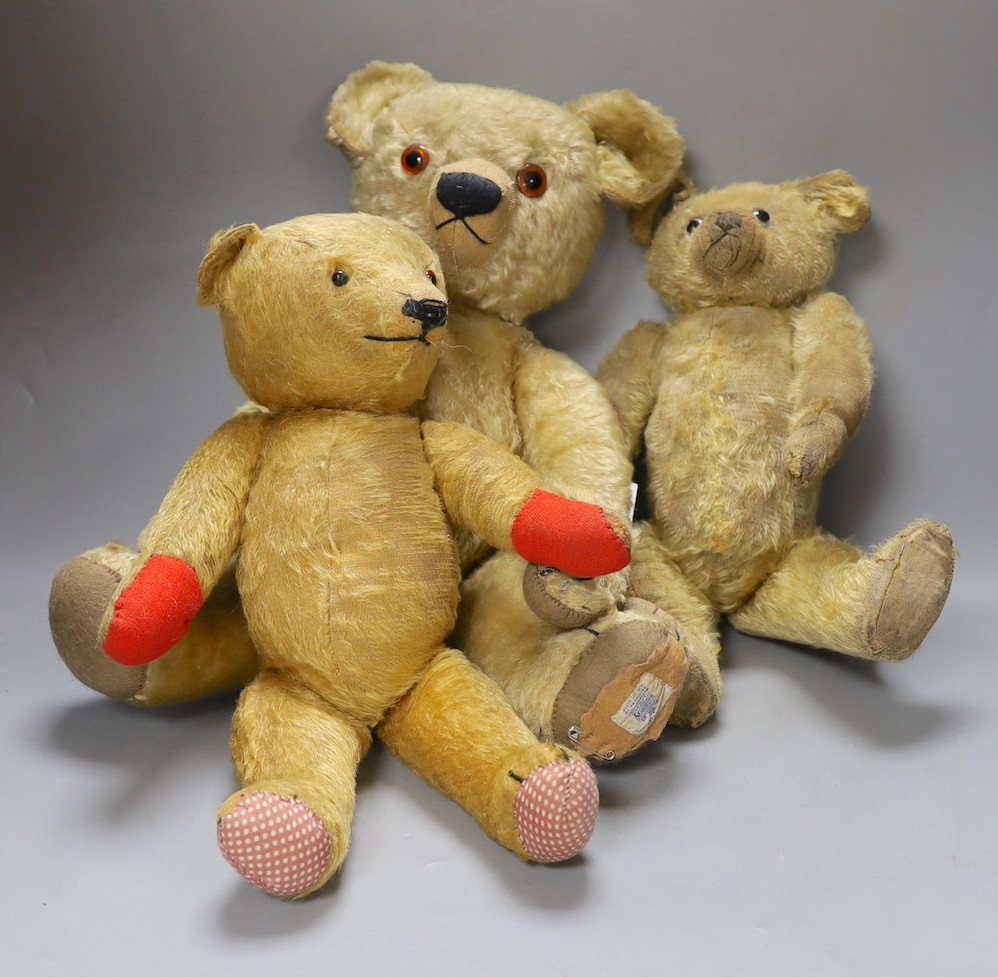 Three British Teddy Bears and Chad Valley with Queen Label, Omega with hair loss and Chad Valley Magna, with hair loss